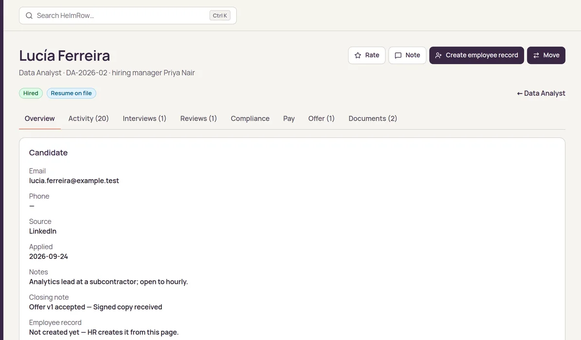 A hired candidate, Lucía Ferreira, in HelmRow recruiting: status Hired, a Create employee record button, and the note that HR creates the record from this page.
