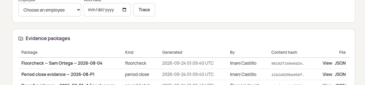 The Evidence packages table in the HelmRow Audit Center: a floorcheck, a period close and a payroll package, each with kind, generation time, who generated it, a content hash, and View and JSON links.