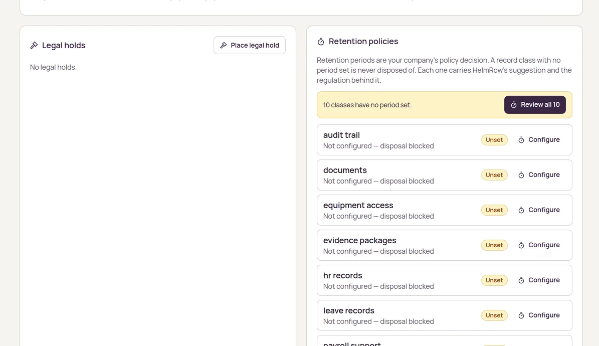 Legal holds and Retention policies in the HelmRow Audit Center: ten record classes, each unset with disposal blocked, a Configure action per class, and a Place legal hold button.