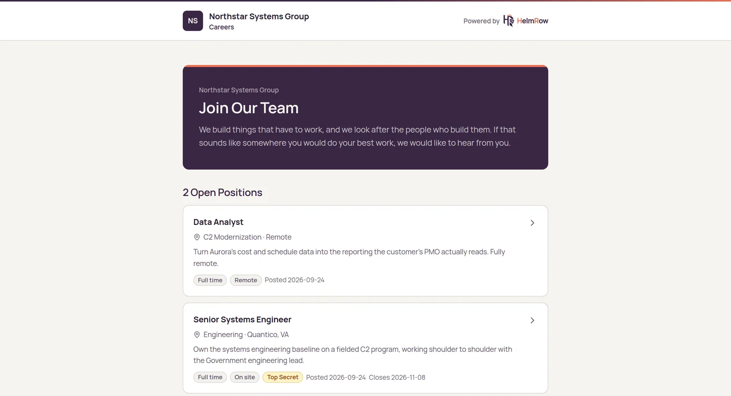 The Northstar Systems Group careers page, powered by HelmRow: two open positions with unit, location, employment type and clearance.