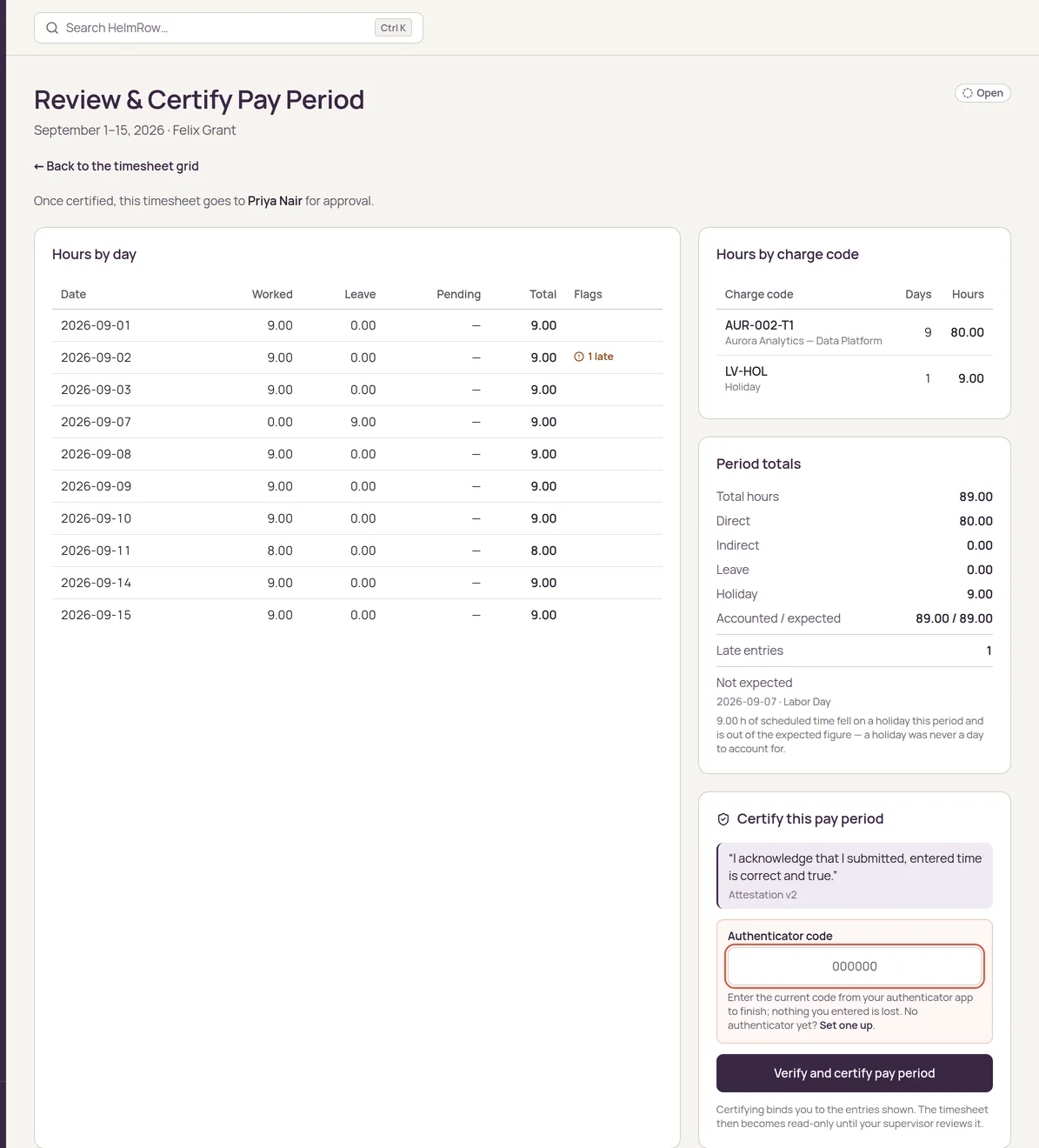 The Review & Certify Pay Period screen in HelmRow for Felix Grant: hours by day and by charge code, period totals, a late-entry flag, the attestation text, and an authenticator code field before Verify and certify pay period.