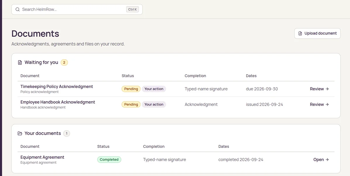 Sam Ortega's Documents page in HelmRow: two documents waiting for a typed-name signature or acknowledgment, and a completed equipment agreement.