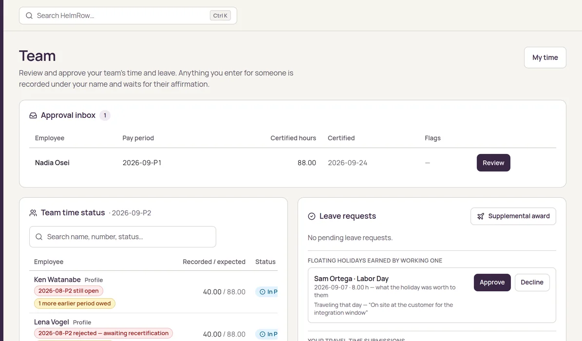 Marcus Bell's Team page in HelmRow: an approval inbox with Nadia Osei's certified 88-hour period and a Review button, team time status with recorded against expected hours, and leave requests.